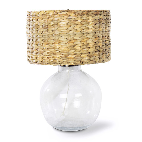 Glass demi john coastal lamp with rattan shade
